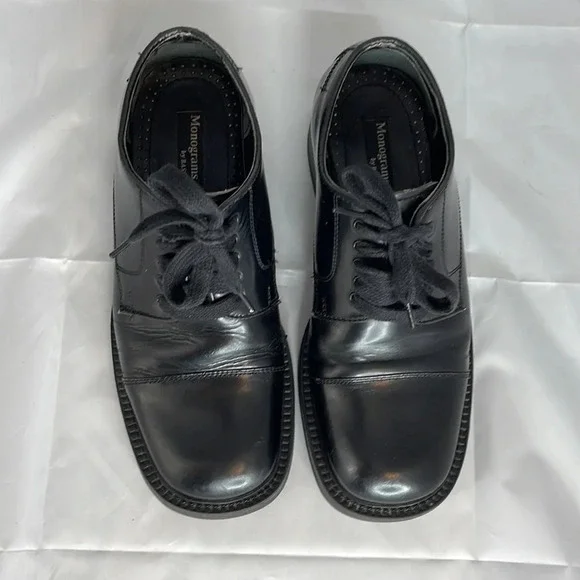 VINTAGE Monograms by Bass Mens Manny Shoe Black Leather Square Toe Lace Up  7 - Picture 7 of 13